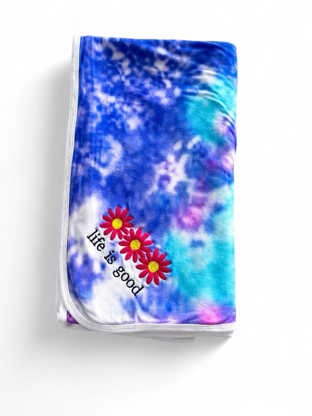 Life Is Good Blue Tie-Dye Pajama Fabric Blanket with Daisy Embroidery